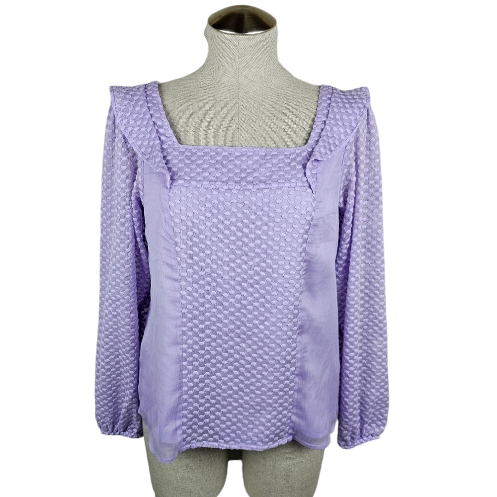 Banana Republic Factory Square Neck Ruffle Clip Dot Blouse in Lilac Sea - Picture 2 of 9